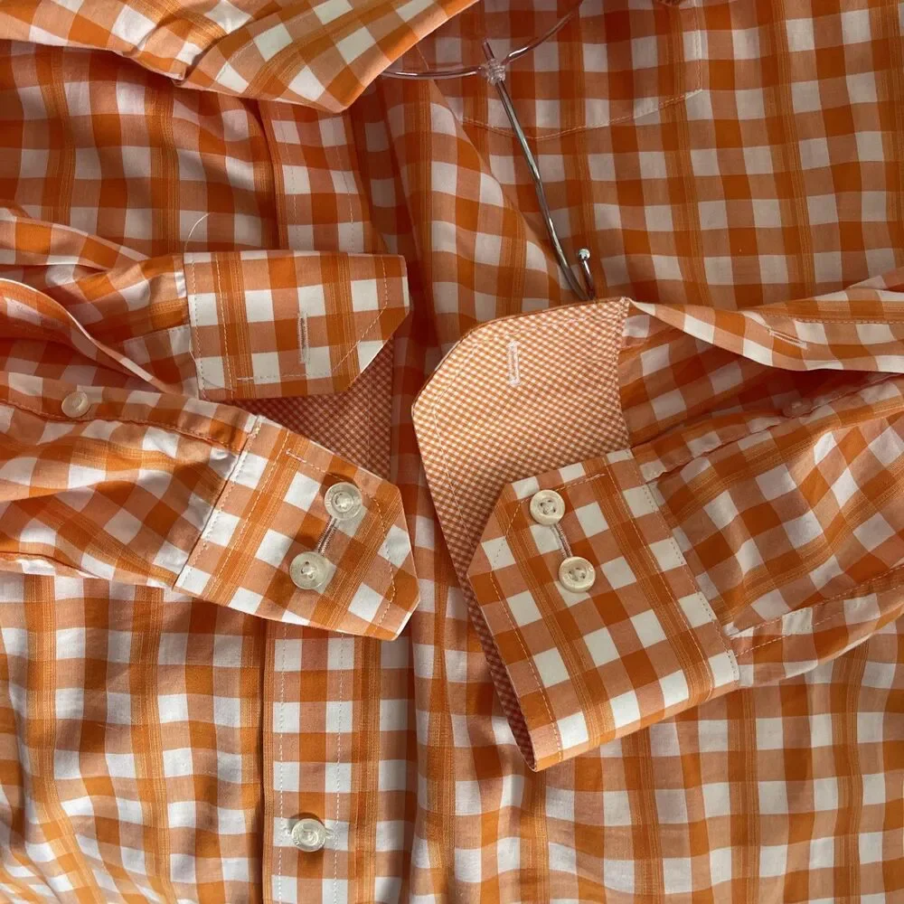 Johnston & Murphy tailored fit Orange Gingham Plaid shirt Contrast Trim Size M